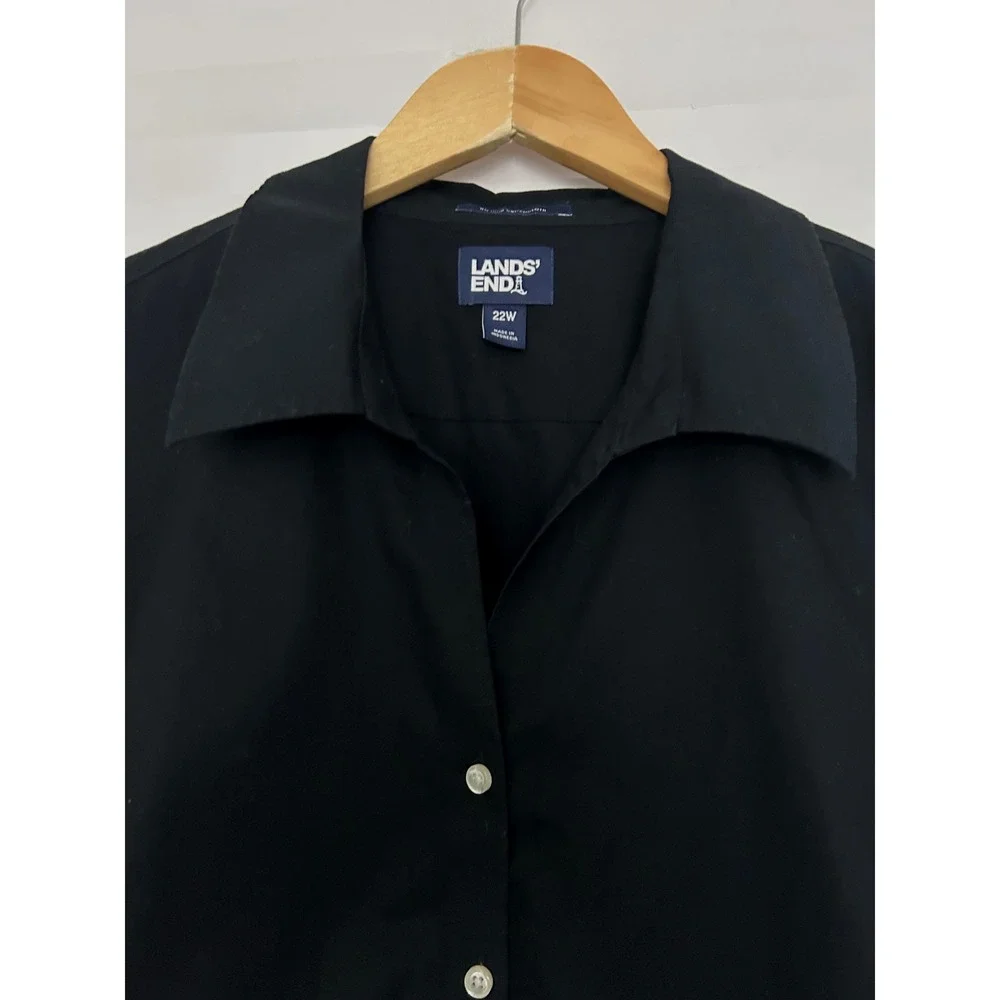 Lands End Women 22W Black No Iron Broadcloth 3/4 Sleeve Button Down Shirt